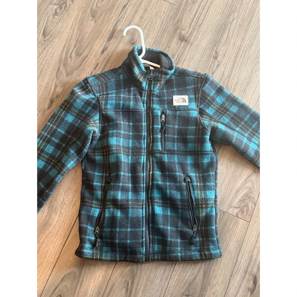 The North Face Boys Medium 10/12 Full Zip Plaid Fleece Jacket Teal Black
